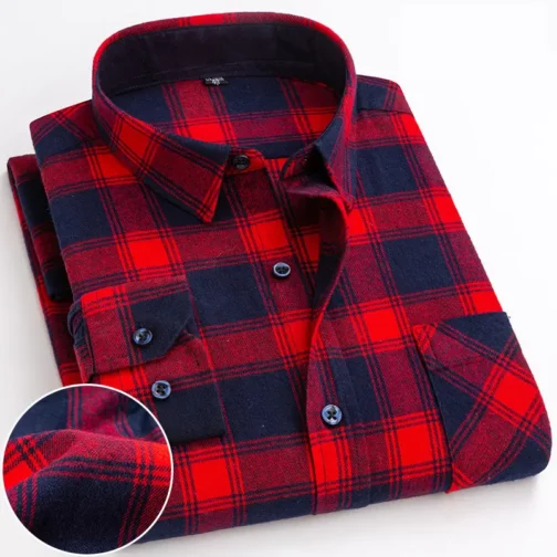 Casual Plaid Pattern Red And Black Color 100% Cotton Soft Breathable Popular Style Long Sleeve Shirts