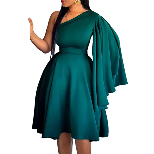 Women's Spring Flare Sleeve High Waist Off Shoulder Skinny Fashion Midi Dress - Image 2